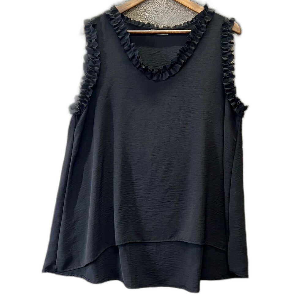 Women's Black Sleeveless Hi/Low Hem Top with ruffle detail Sz L V-Neck